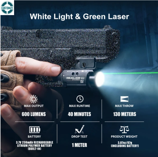 Baldr Mini 600 Lumens Green Laser & Baldr RL Mini Red Laser Combo LED Tactical Light