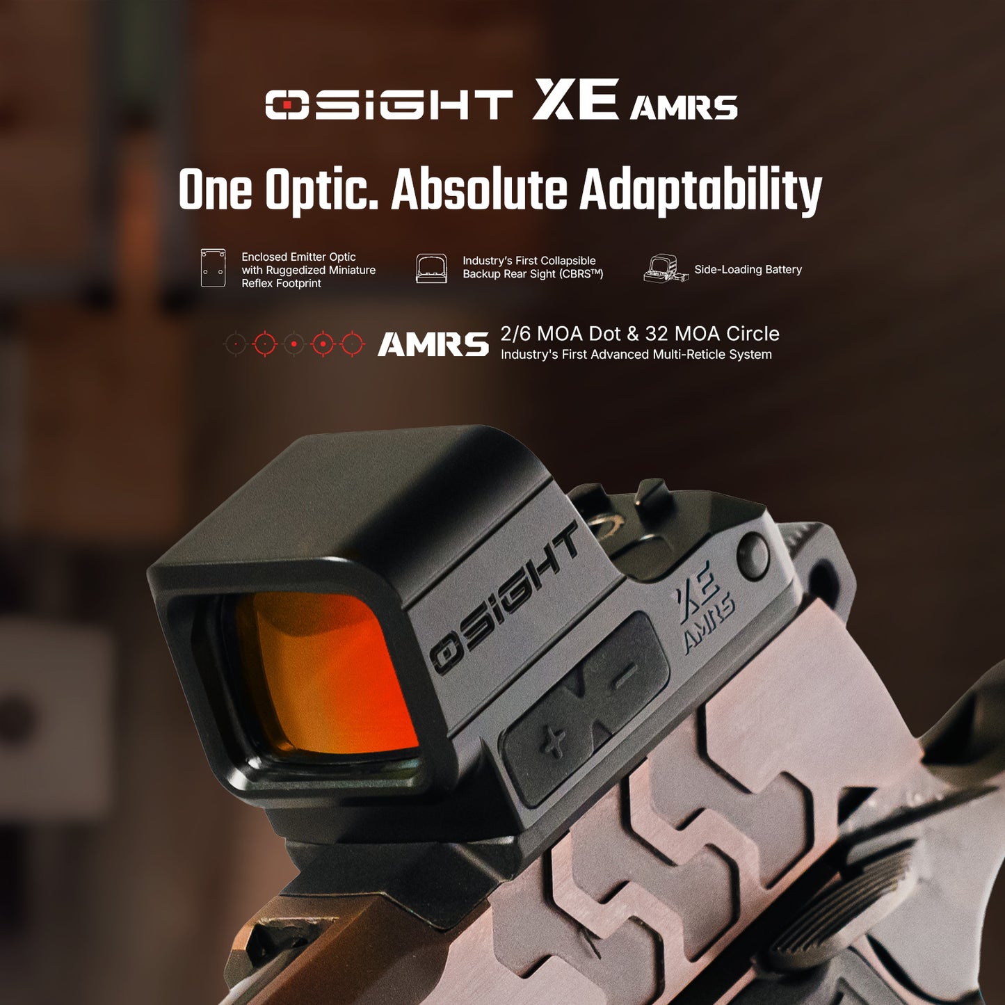 Osight XE AMRS Enclosed Red Dot Sight with RMR Footprint and Side-Loading Battery featuring 2/6+32 MOA Multi-Reticle System