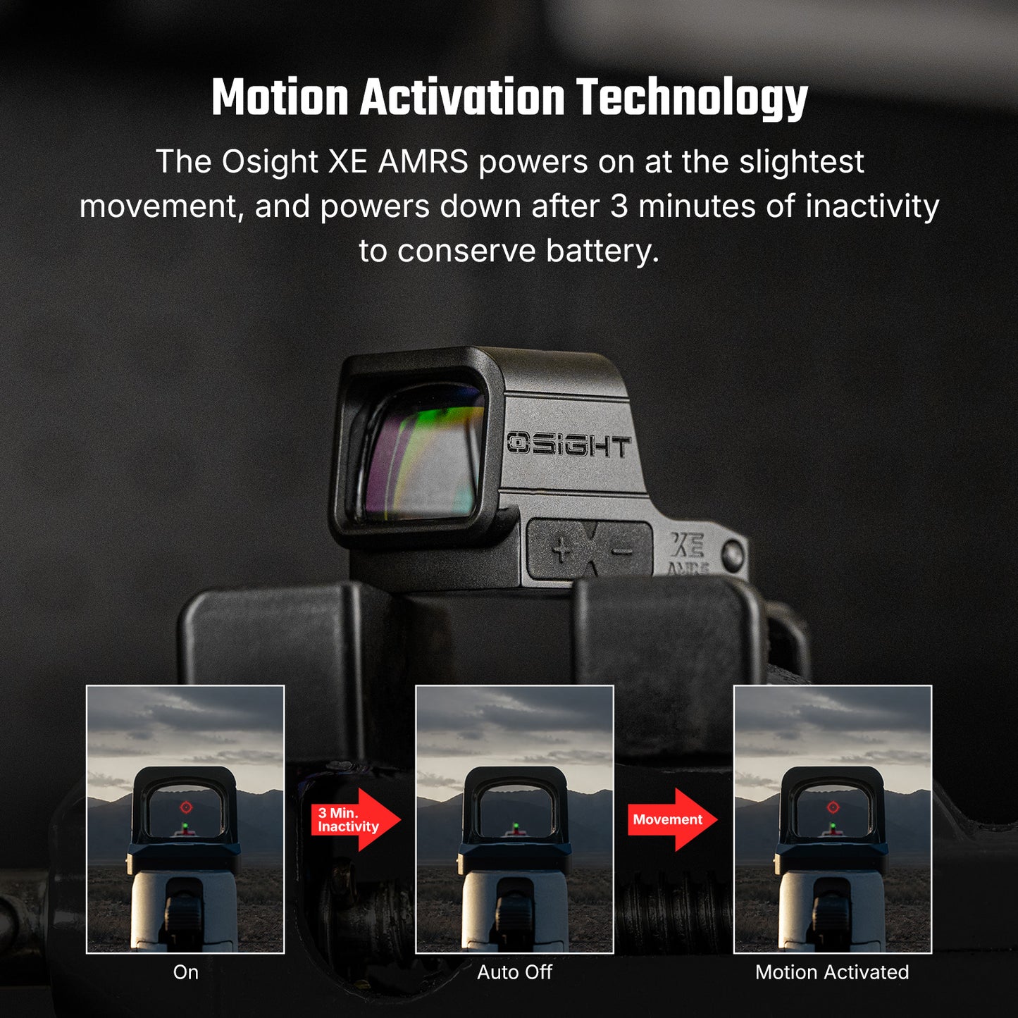 Osight XE AMRS Enclosed Red Dot Sight with RMR Footprint and Side-Loading Battery featuring 2/6+32 MOA Multi-Reticle System