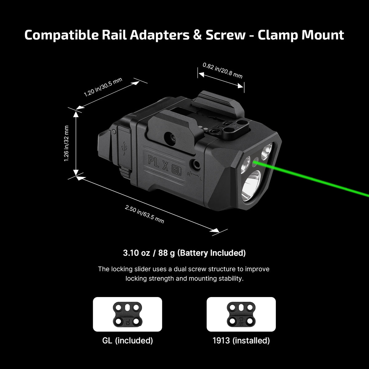 PL X GL 3-in-1 Rail-Mounted Light: Floodlight, Spotlight & Green Beam